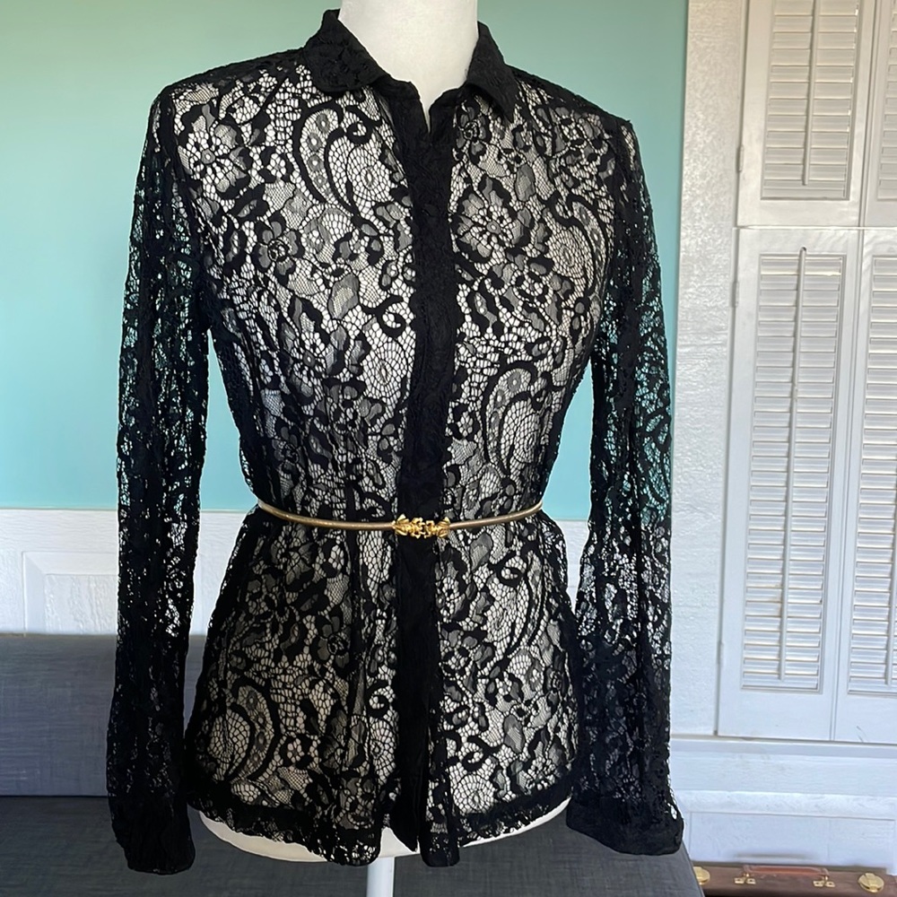 Zara Sexy Black Lace Long Sleeve Button Up Collar Dress Shirt M